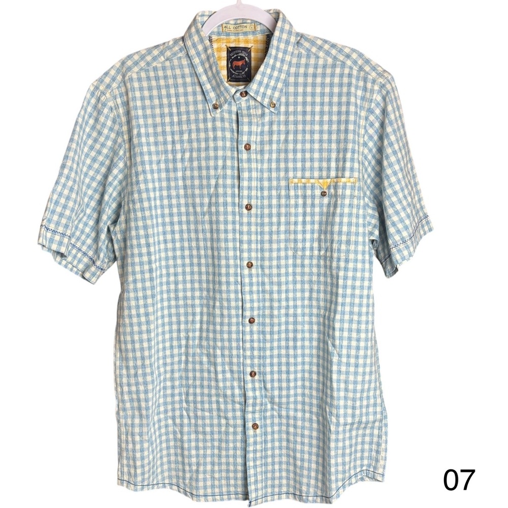 grinning mule mens large usa made plaid blue white one pocket button front shirt
